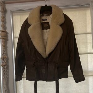 Vintage Brown Leather Shearling Jacket with Cream Collar